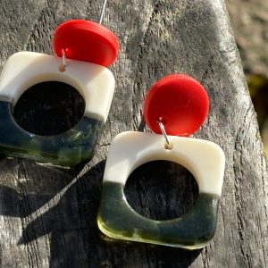 Green Round Square Earrings
